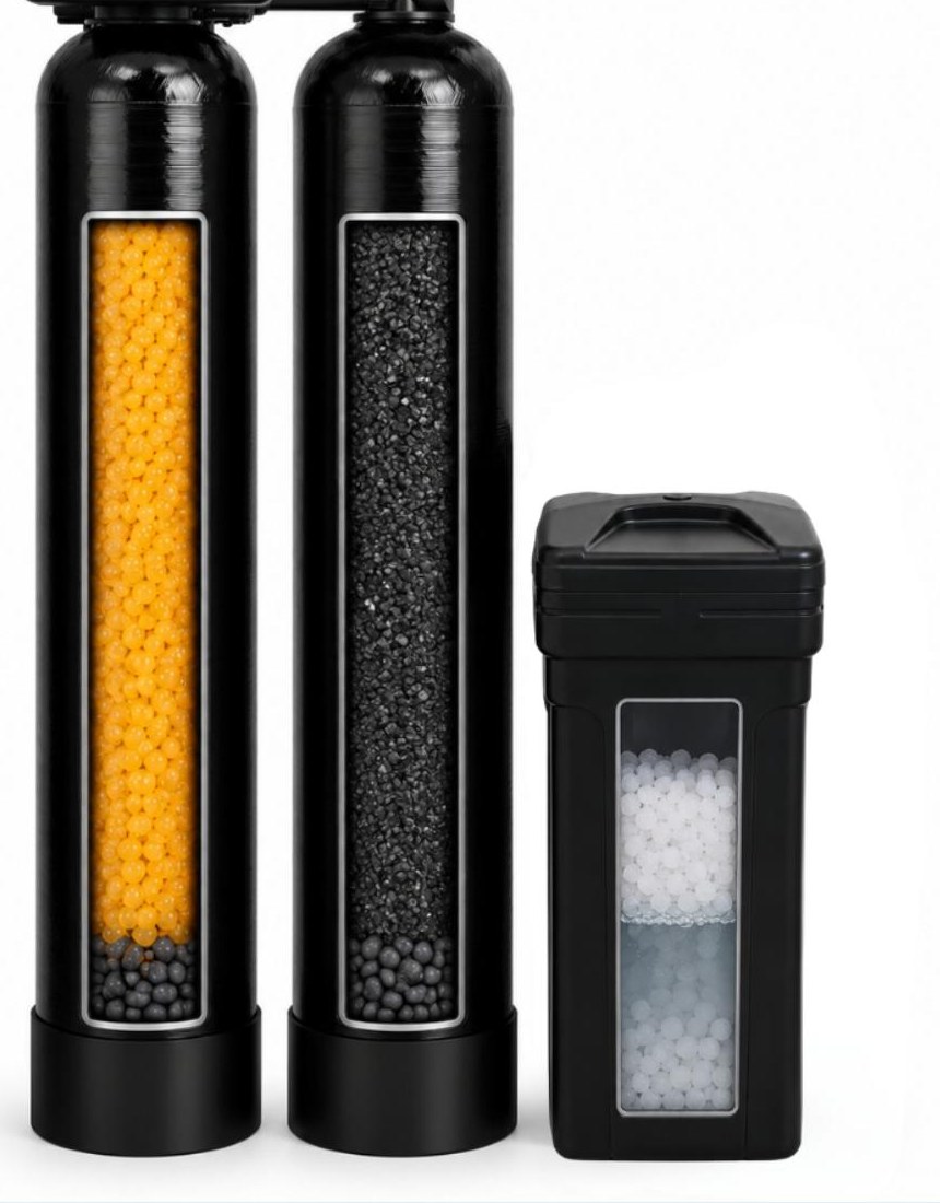 Dual tank whole-home system with separate resin and carbon tanks and brine tank
