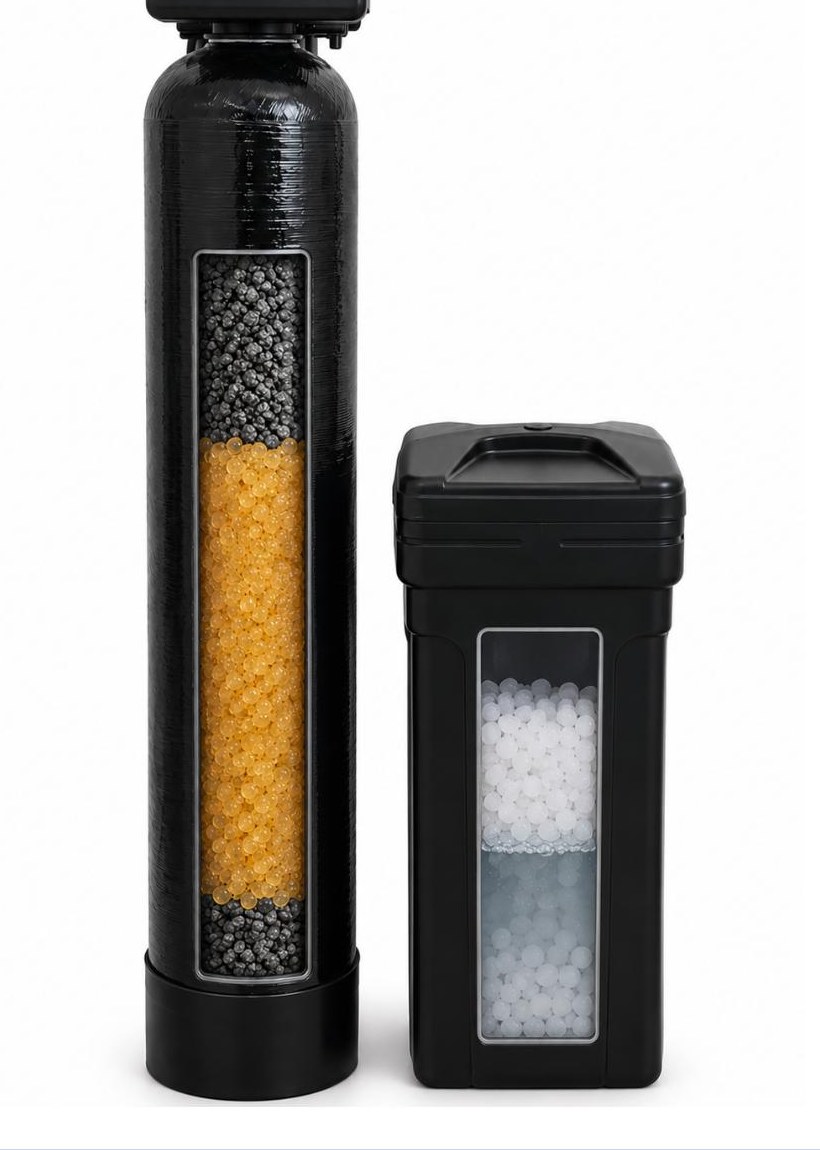Mixed bed whole-home filtration and softening tank with brine tank